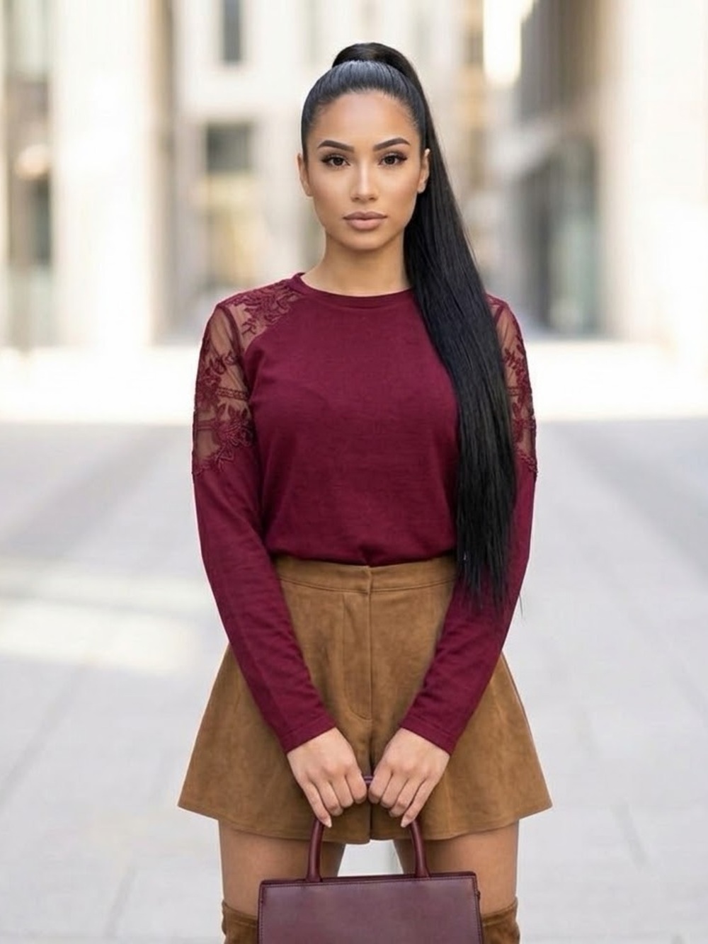 Free People Wine Lace-Shoulder Long Sleeve Top w sheer detailing